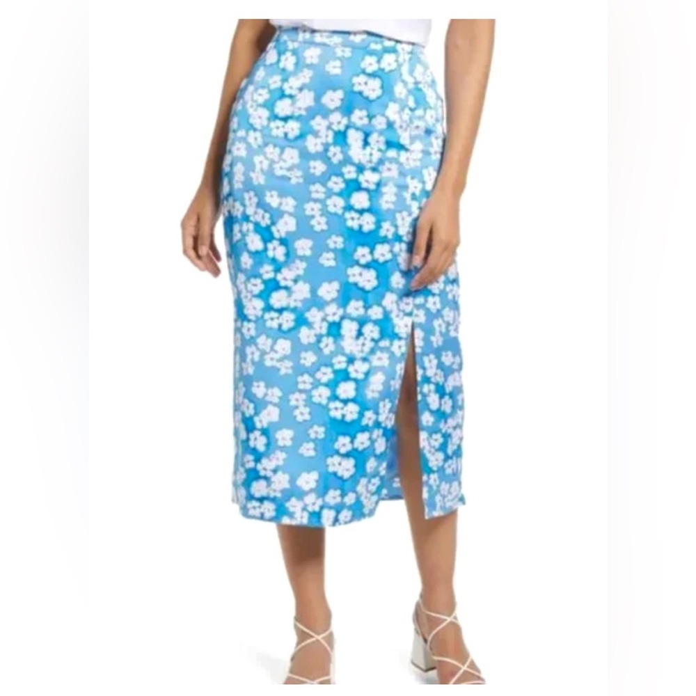 Halogen Blue White Floral Midi Skirt Side Slit Lined M NWOT